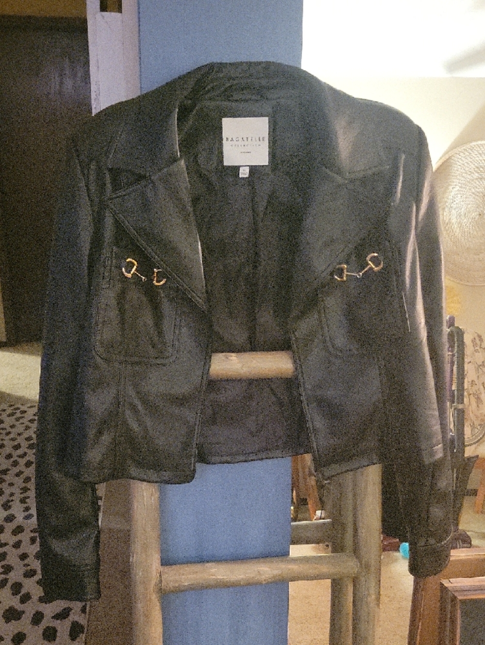 bagatelle Black Leather Cropped Jacket with Gold Accent - Picture 5 of 5